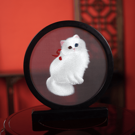 Embroidery Crafts-A white kitten with a red ribbon,Decorative Ornament