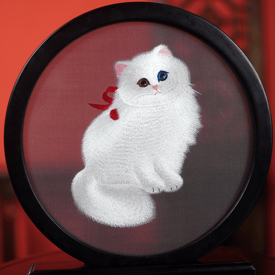 Embroidery Crafts-A white kitten with a red ribbon,Decorative Ornament