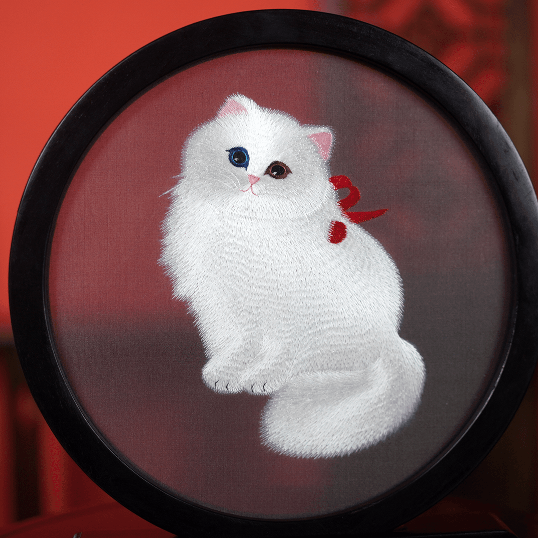 Embroidery Crafts-A white kitten with a red ribbon,Decorative Ornament